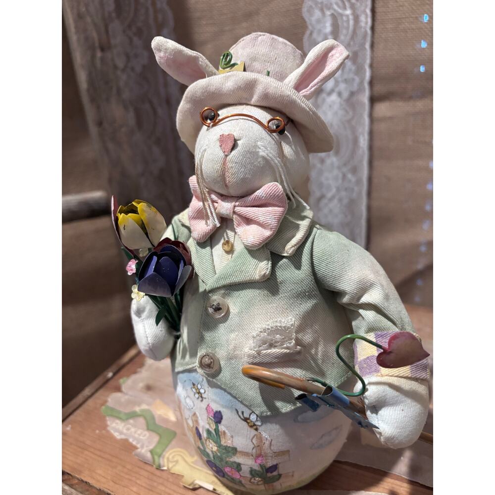 Vintage Weighted Sand Base Hand-Painted Gardener Bunny Rabbit With Glasses 9”